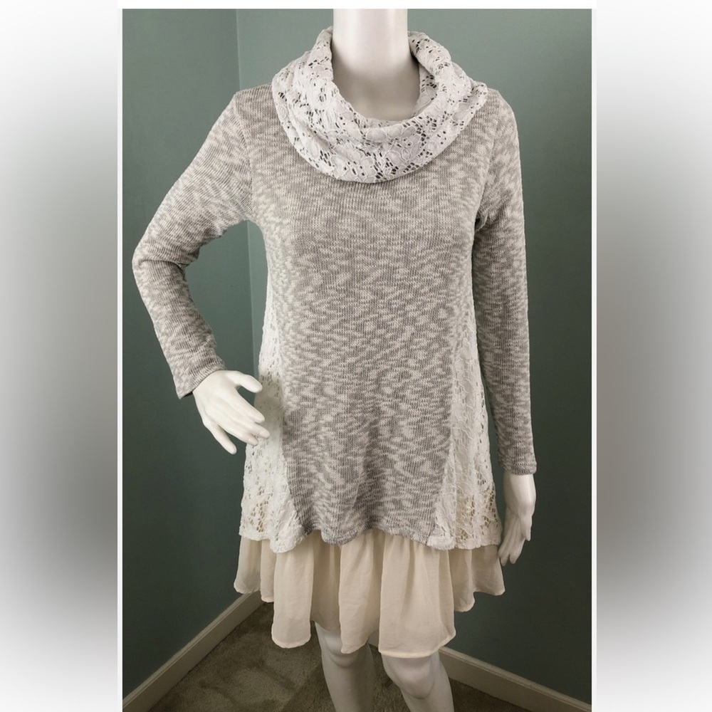 Altar'd State Cream Lace-Trim Cowl Neck MIDI Sweater Dress, Sz Medium